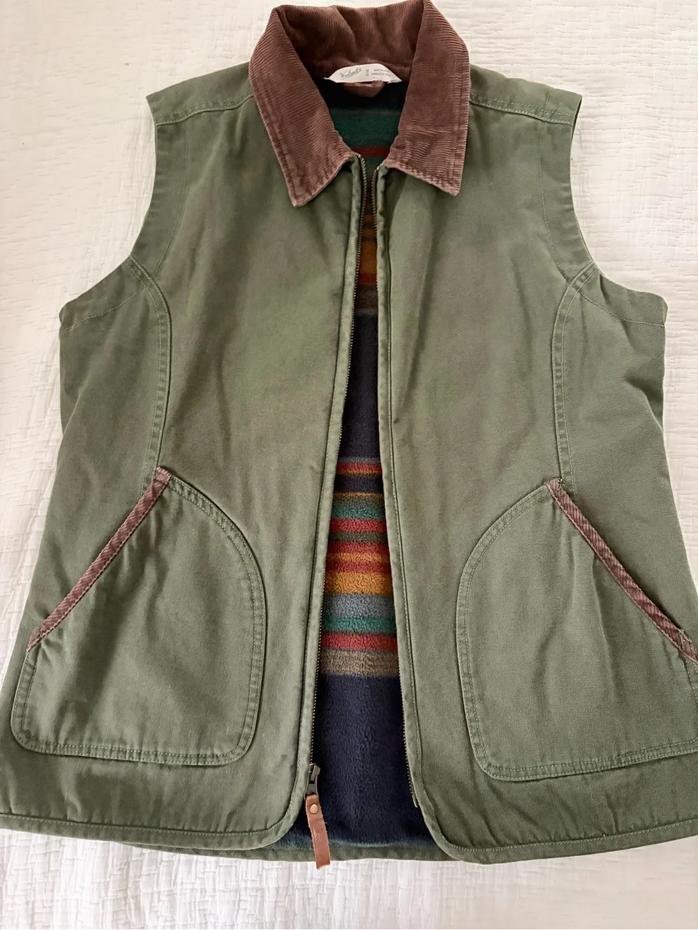 Vintage Woolrich Olive Green Field Vest with Brown Corduroy Collar - Picture 1 of 6